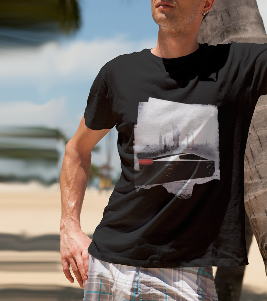 Tesla Cybertruck With Global Landmark Skyline T-Shirt