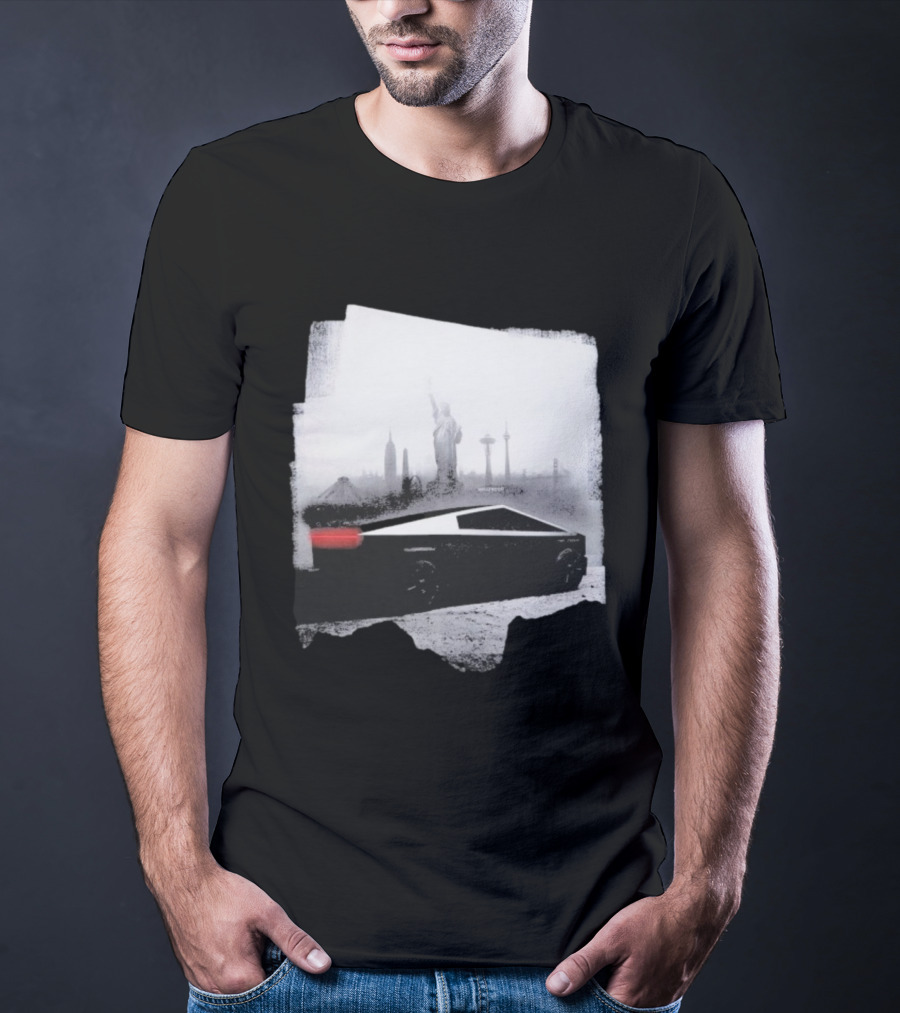 Tesla Cybertruck With Global Landmark Skyline T-Shirt
