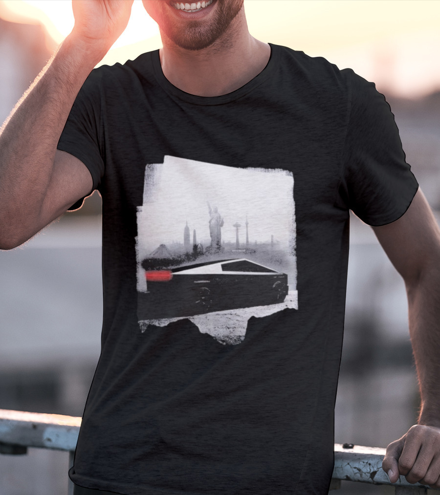 Tesla Cybertruck With Global Landmark Skyline T-Shirt