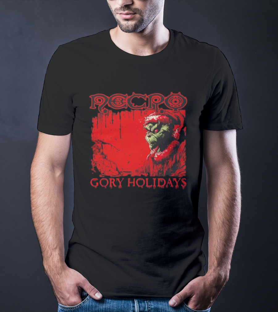 Necro Gory Holidays Grinch Santa Red Dripping Art T-Shirt