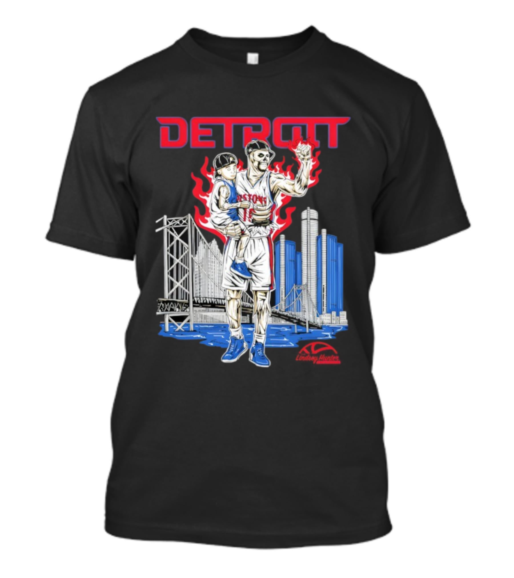 Lindsey Hunter Foundation Vengeful Detroit Pistons Red Flames Urban Cityscape T-Shirt