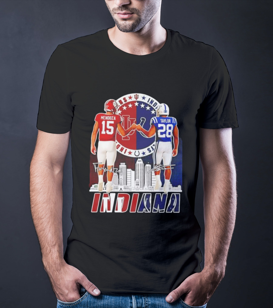 Indiana Hoosiers Mendoza 15 Indianapolis Colts Taylor 28 Signatures And City Skyline T-Shirt