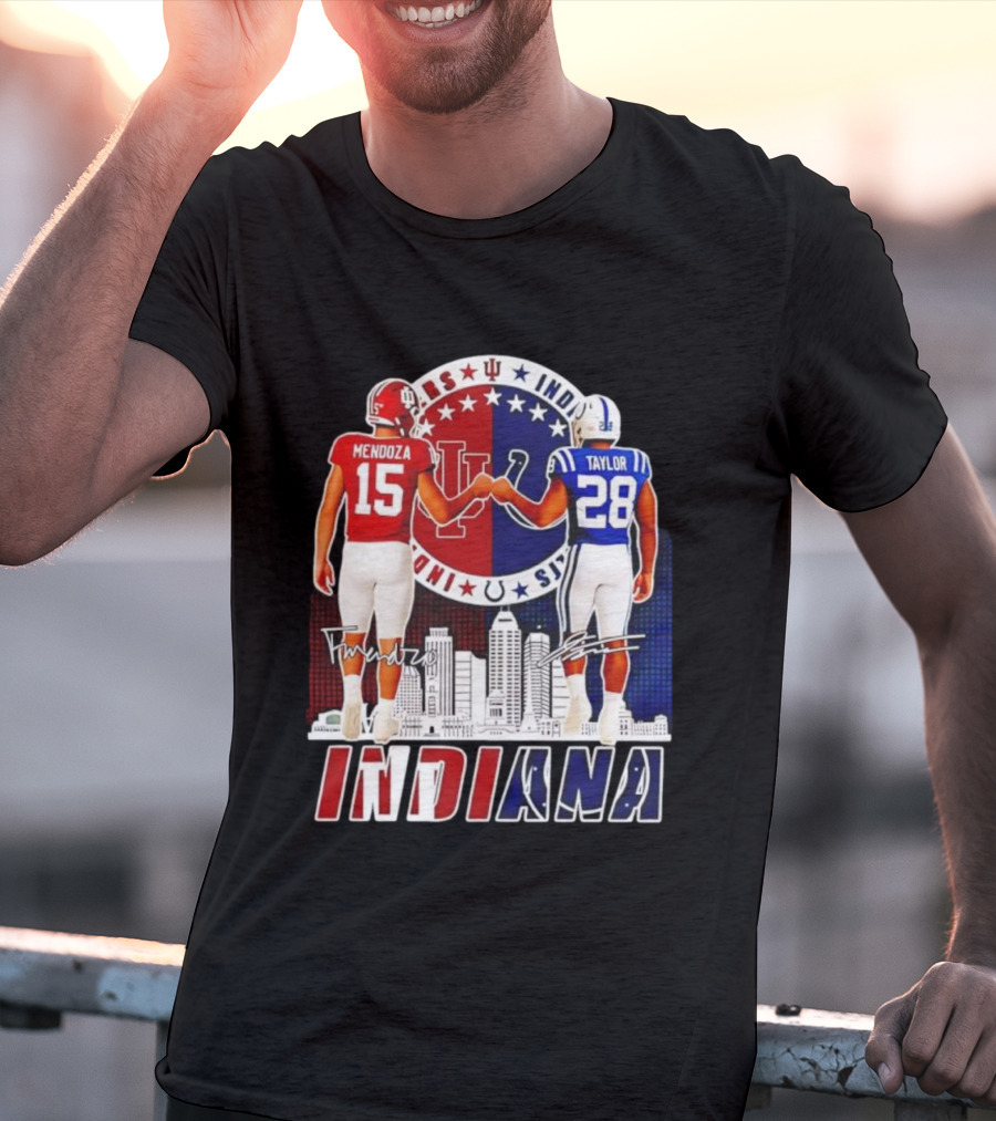 Indiana Hoosiers Mendoza 15 Indianapolis Colts Taylor 28 Signatures And City Skyline T-Shirt