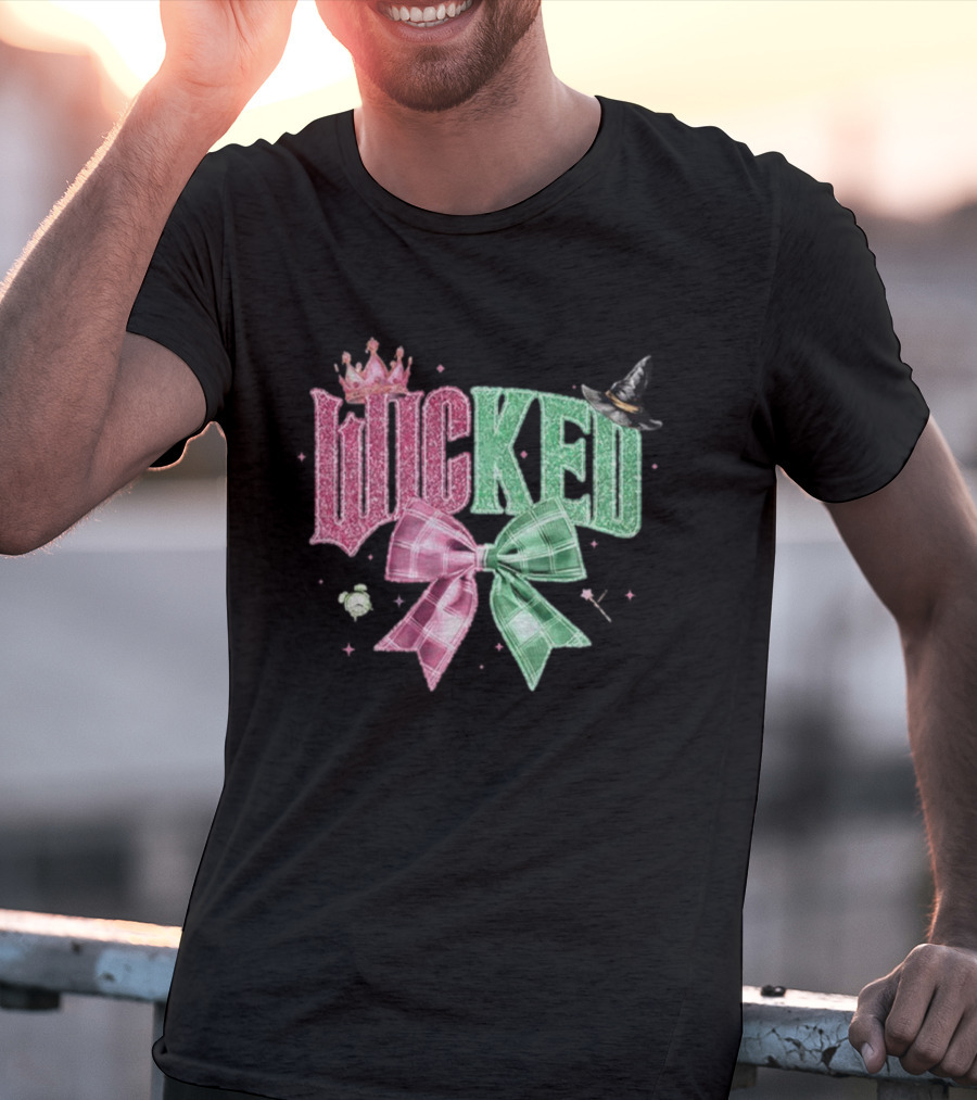 Wicked Musical Sparkle Pink Green Plaid Bow Witch Hat Princess Crown Halloween T-Shirt