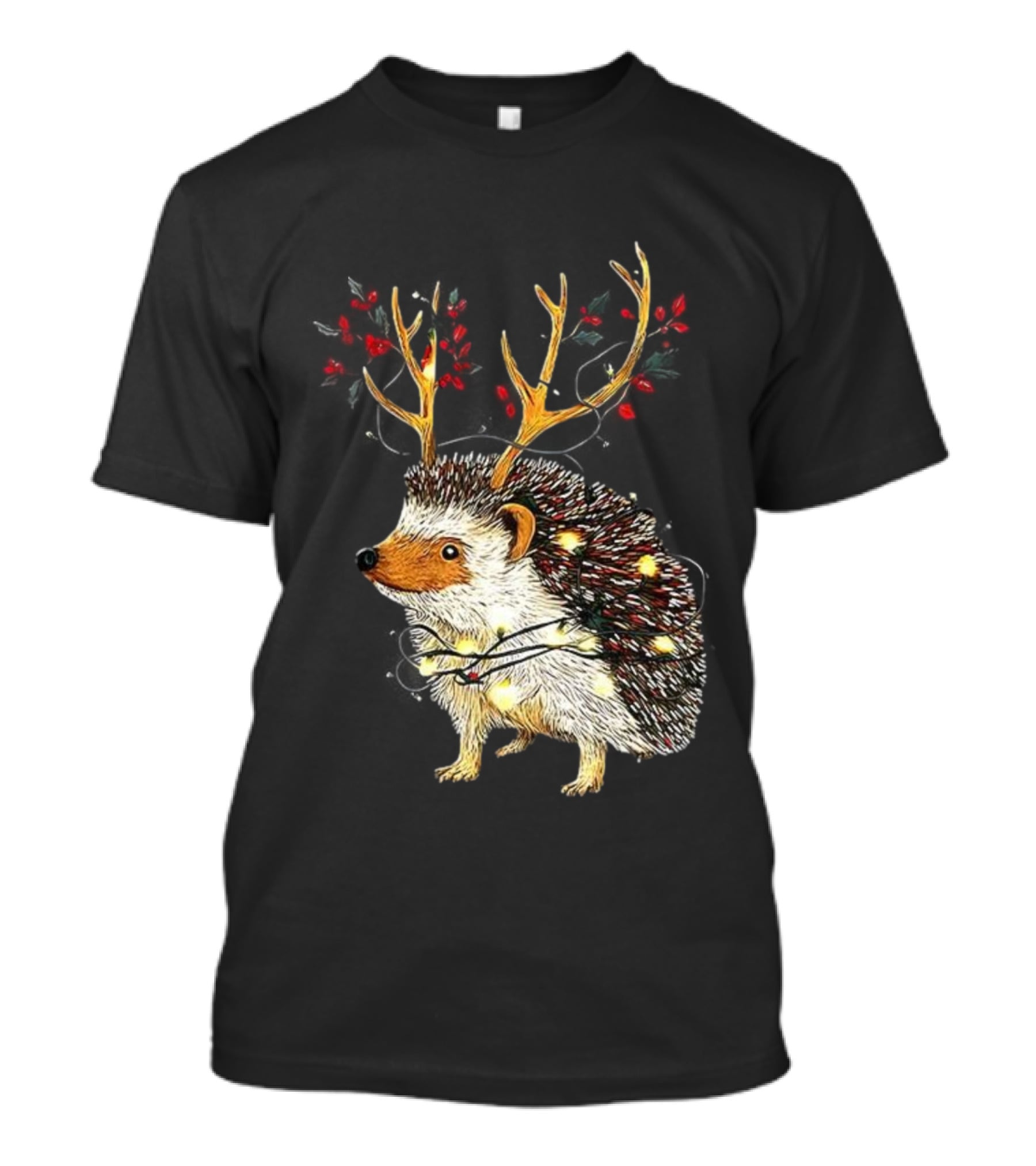 Hedgehog With Antlers Wearing String Of Lights Christmas Holiday Design T-Shirt