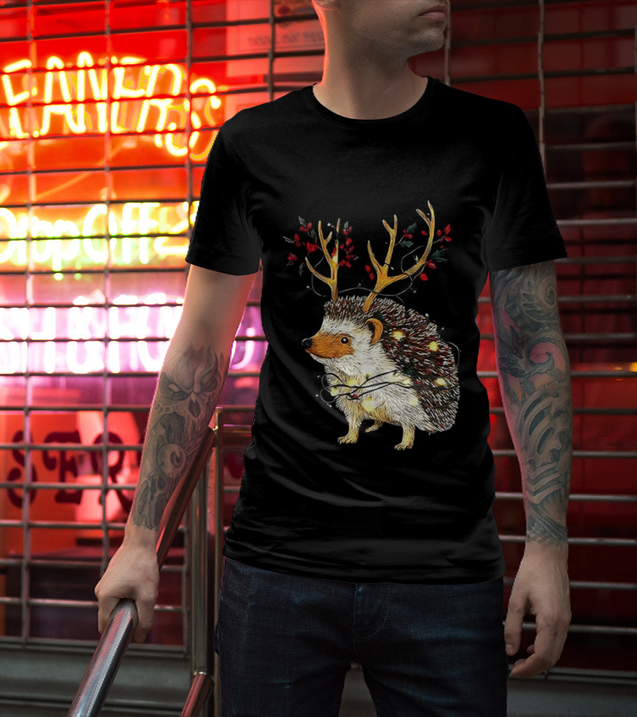 Hedgehog With Antlers Wearing String Of Lights Christmas Holiday Design T-Shirt