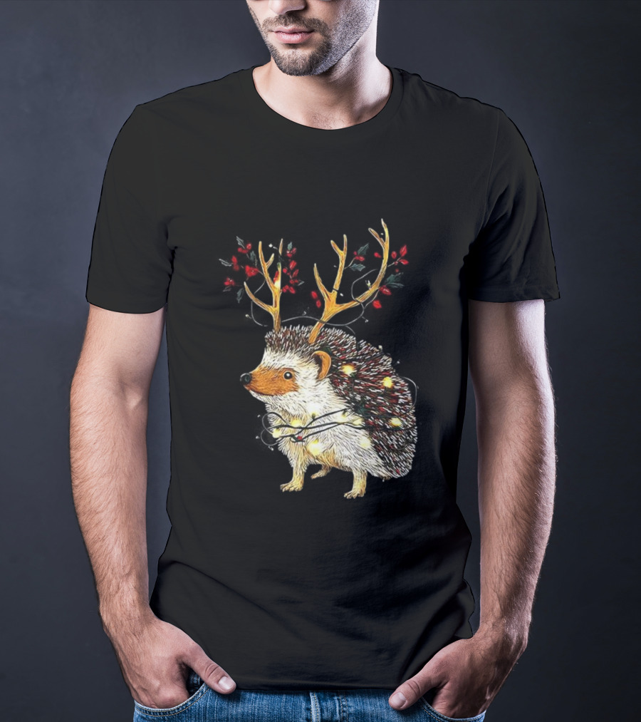 Hedgehog With Antlers Wearing String Of Lights Christmas Holiday Design T-Shirt