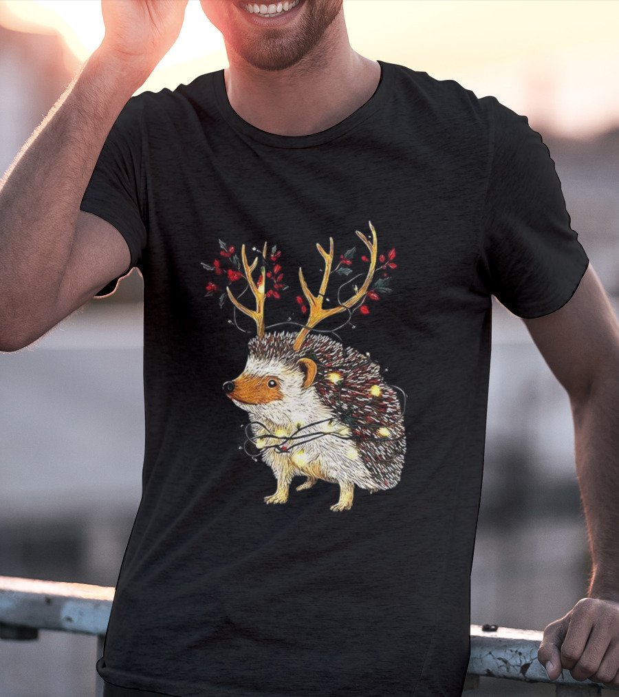 Hedgehog With Antlers Wearing String Of Lights Christmas Holiday Design T-Shirt