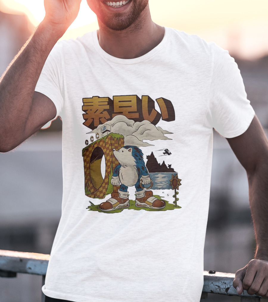 Hedgehog Retro Video Game Symbol Japanese Text T-Shirt