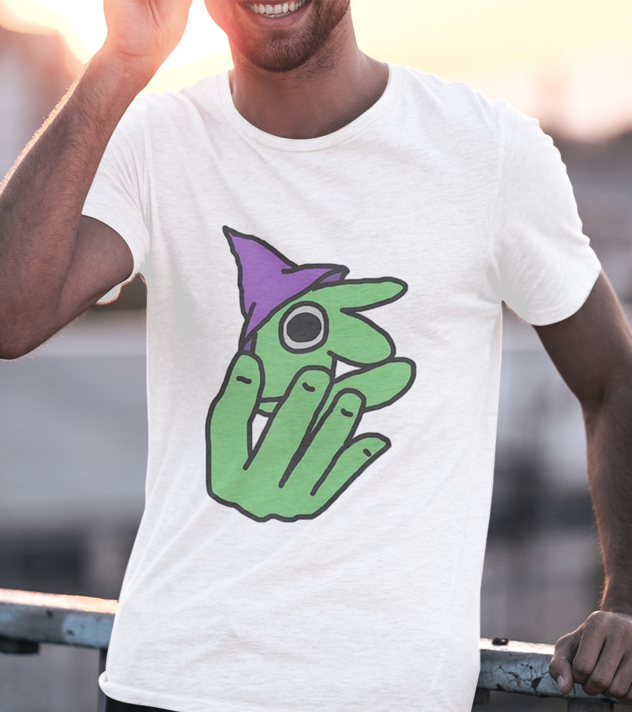 Glep Smiling Friends Character With Green Hand And Purple Hat T-Shirt