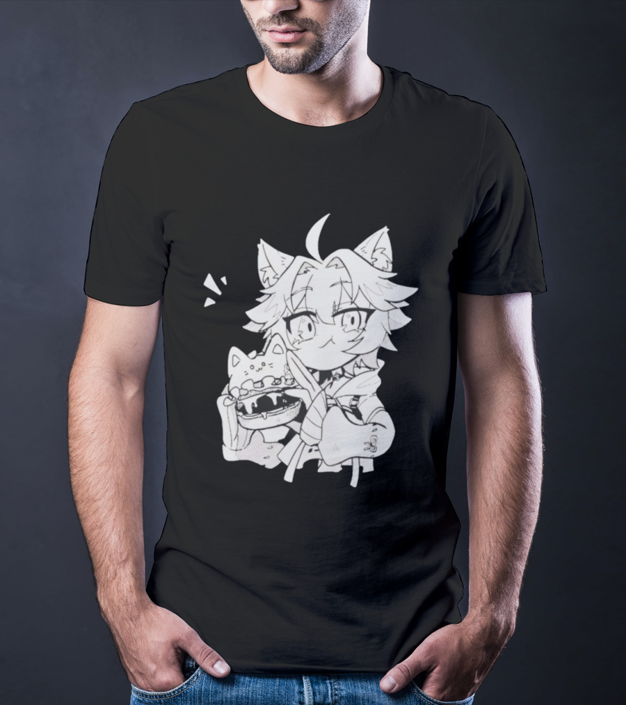 Genshin Impact Cat-Eared Character With Cat Burger Anime Illustration T-Shirt
