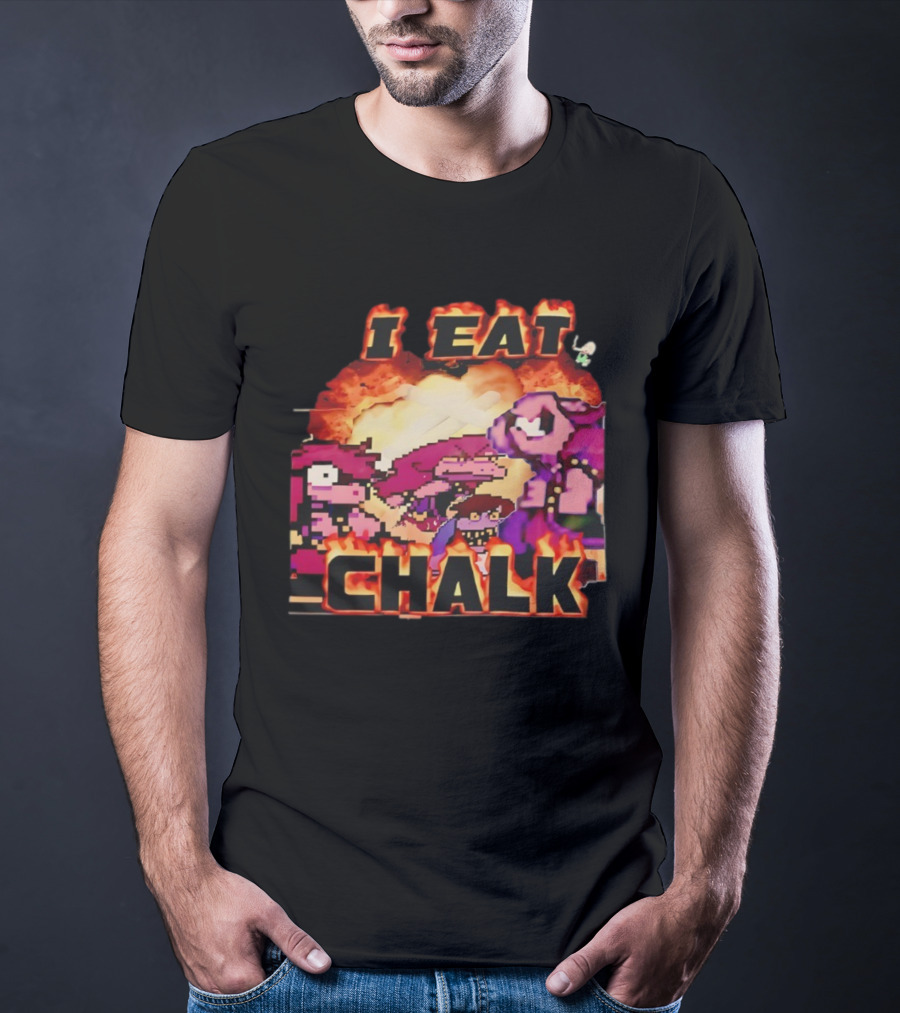 I Eat Chalk Pixel Characters Fire Background Design T-Shirt