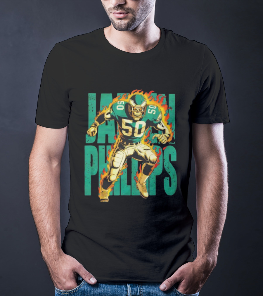 Jalen Phillips Skeleton Philadelphia Eagles Number 50 Flame Retro Style T-Shirt