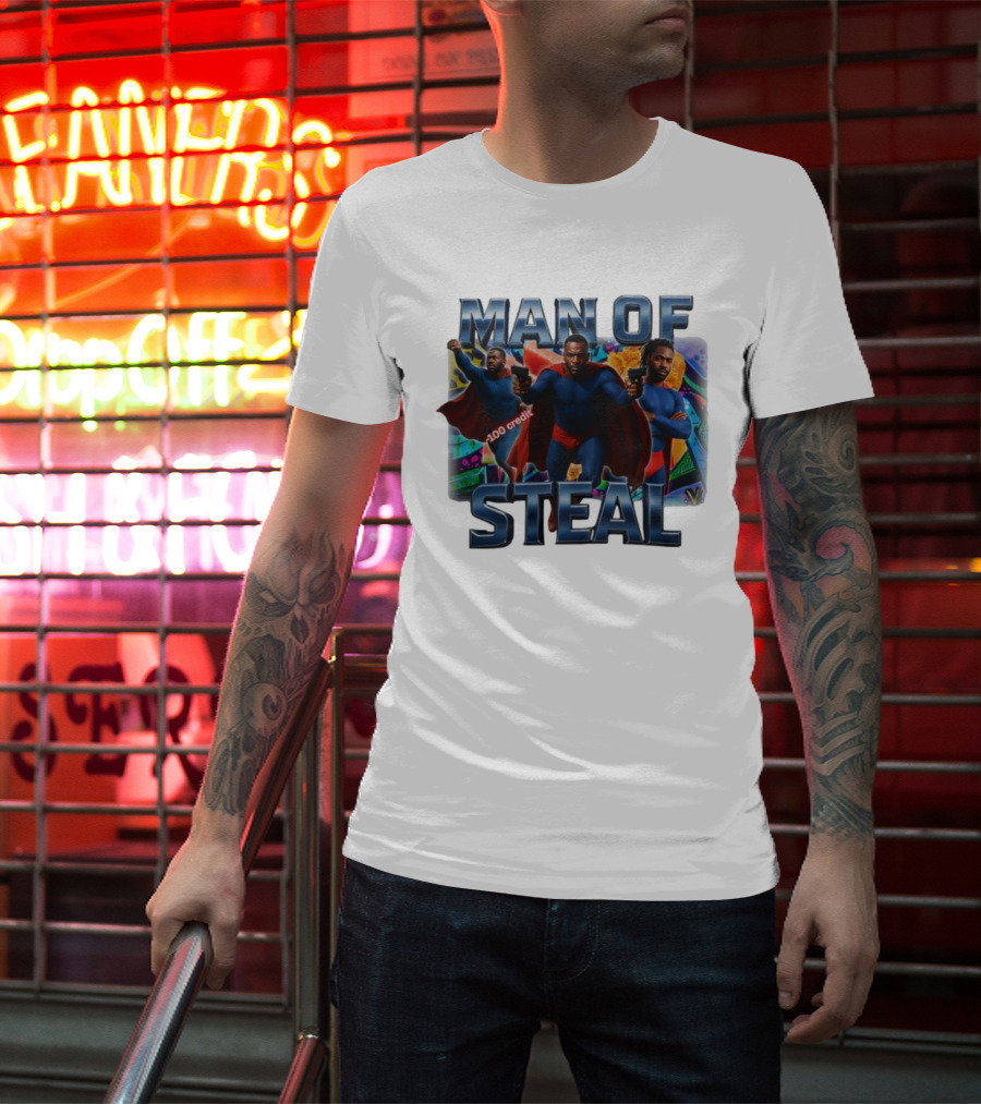 Man Of Steal Superhero Parody With 100 Credit Text T-Shirt