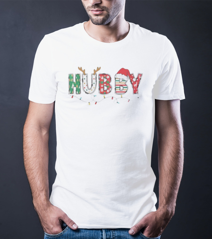 Hubby Christmas Antlers Santa Hat Lights Festive Design T-Shirt