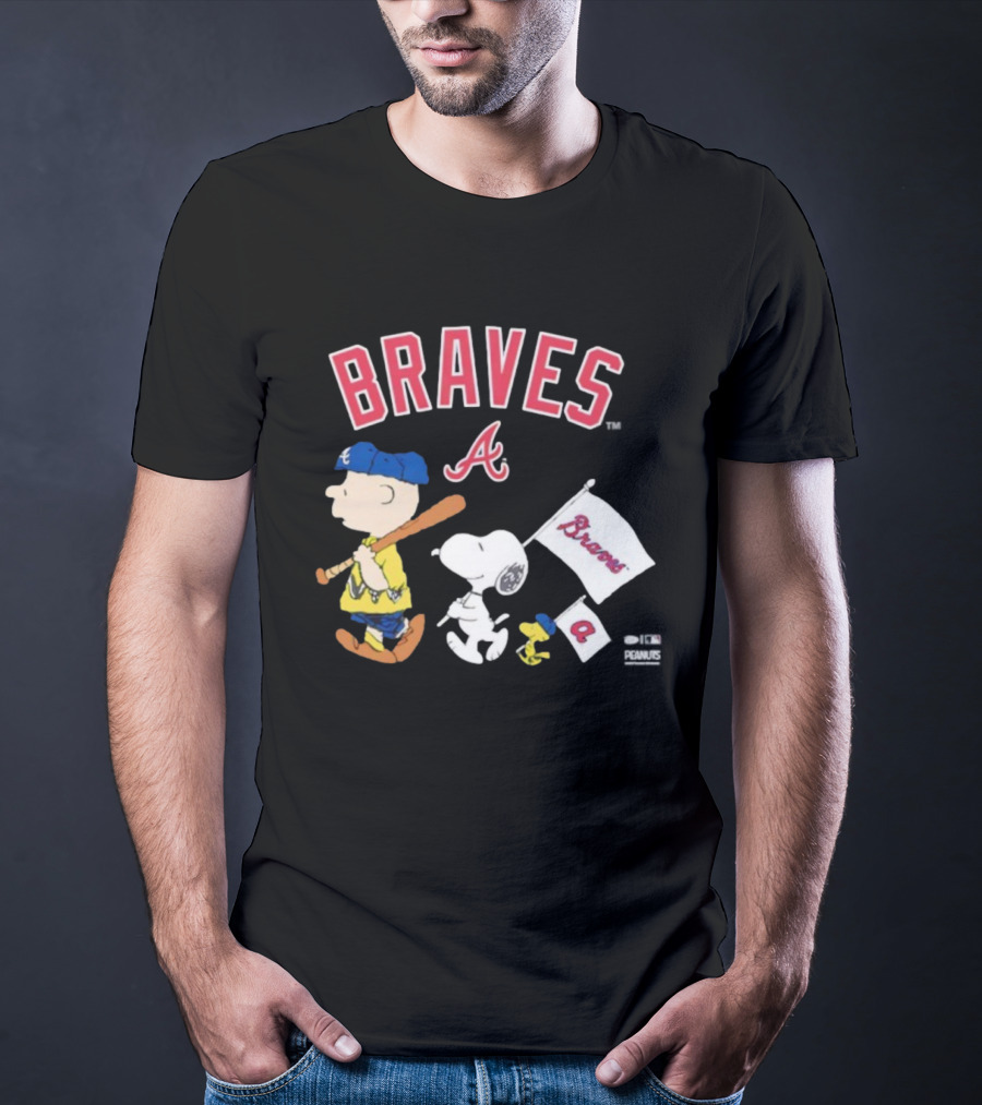 Atlanta Braves Peanuts Characters Snoopy Woodstock Charlie Brown Flag T-Shirt