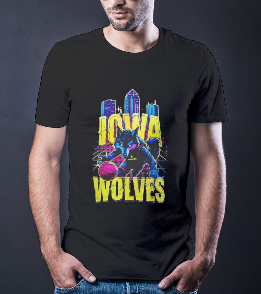 Iowa Wolves Neon Basketball Wolf Skyline T-Shirt