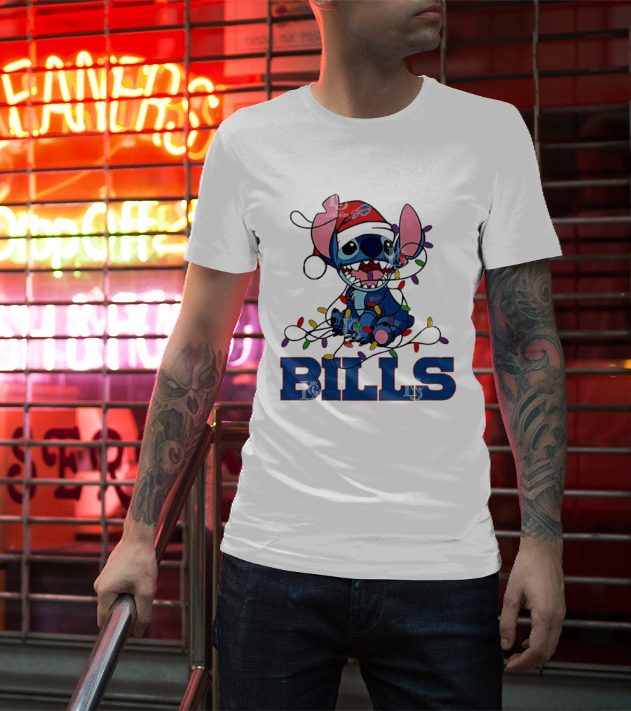 Buffalo Bills Christmas Lights With Stitch In Santa Hat T-Shirt