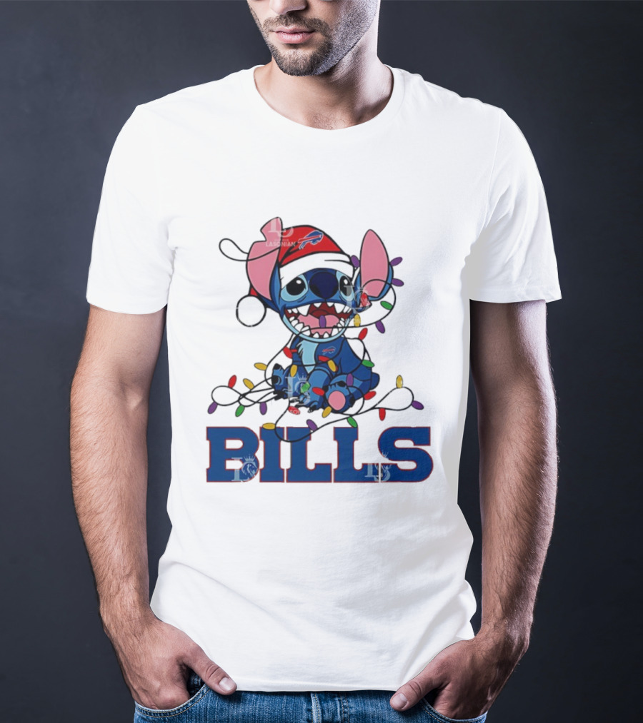 Buffalo Bills Christmas Lights With Stitch In Santa Hat T-Shirt