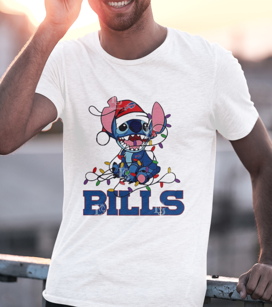Buffalo Bills Christmas Lights With Stitch In Santa Hat T-Shirt
