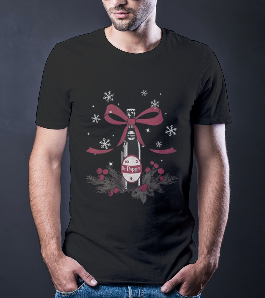 Dr Pepper Christmas Bow Bottle With Snowflakes And Berries T-Shirt