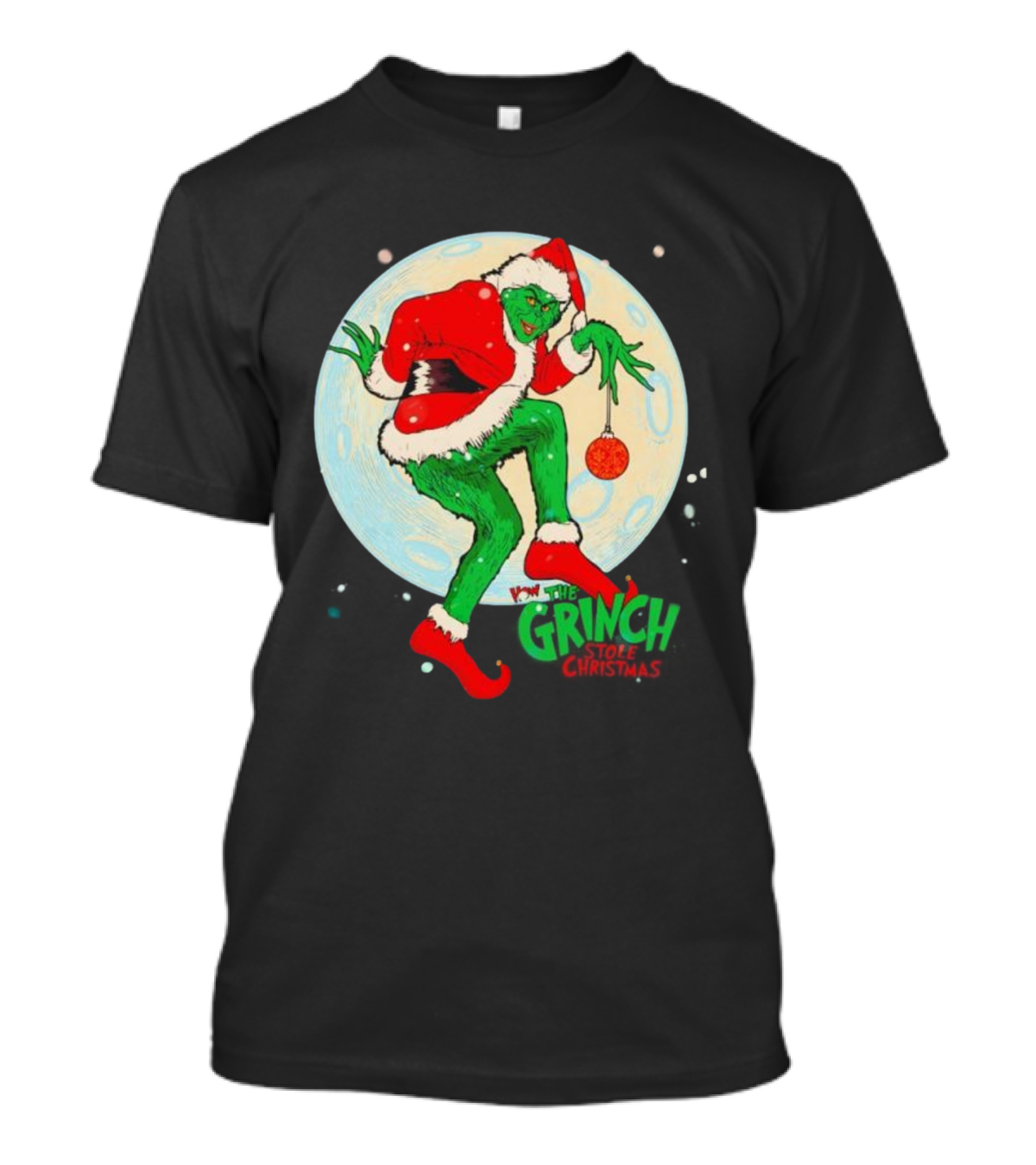 How The Grinch Stole Christmas Moon Scene With Ornament And Santa Suit T-Shirt