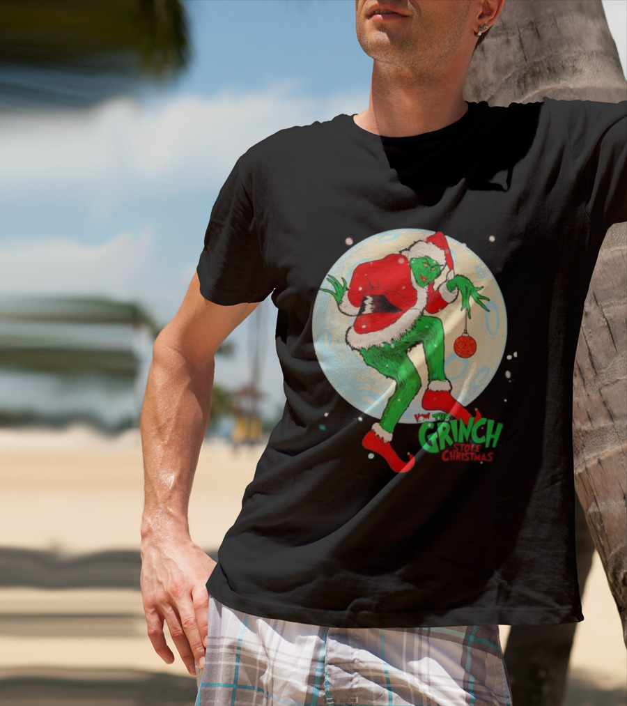 How The Grinch Stole Christmas Moon Scene With Ornament And Santa Suit T-Shirt