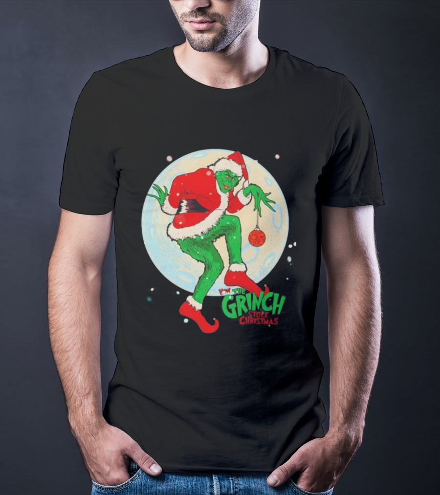 How The Grinch Stole Christmas Moon Scene With Ornament And Santa Suit T-Shirt