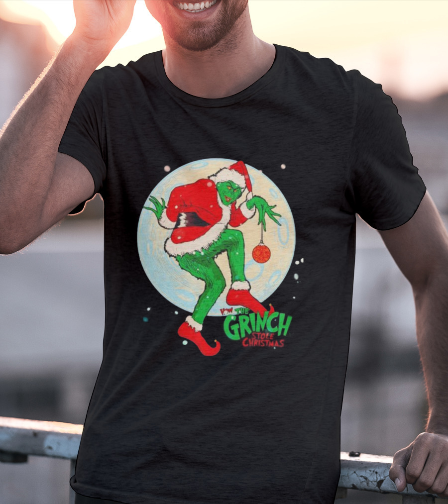 How The Grinch Stole Christmas Moon Scene With Ornament And Santa Suit T-Shirt
