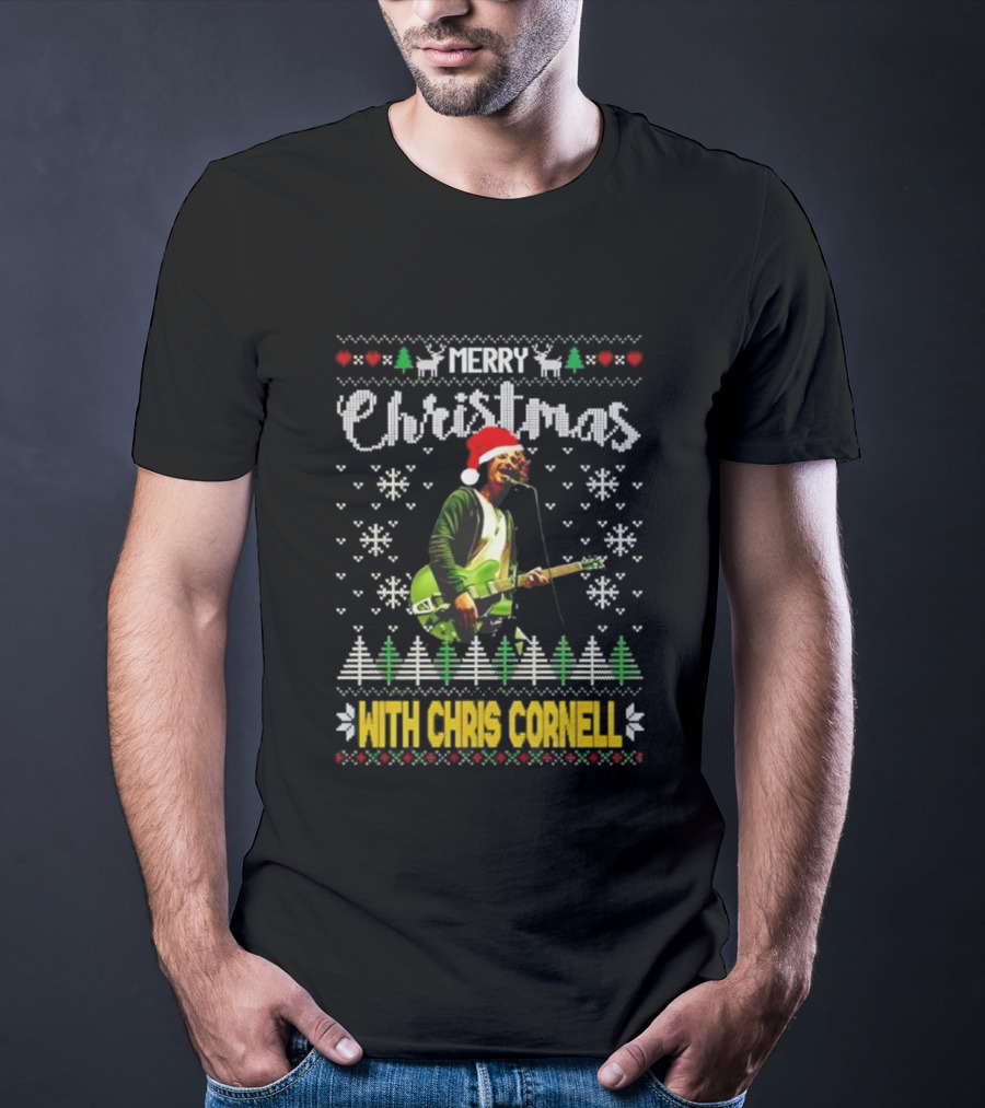 Merry Christmas With Chris Cornell Musician Santa Hat Guitar Snowflakes Trees T-Shirt