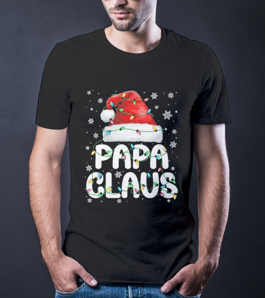 Papa Claus Santa Hat With Christmas Lights Holiday Stars T-Shirt
