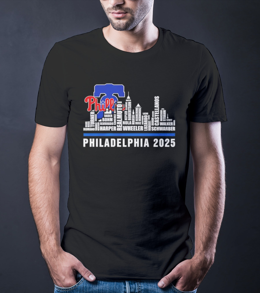 Philadelphia Phillies Skyline Bell Wheeler Nola Harper Realmuto Turner 2025 T-Shirt