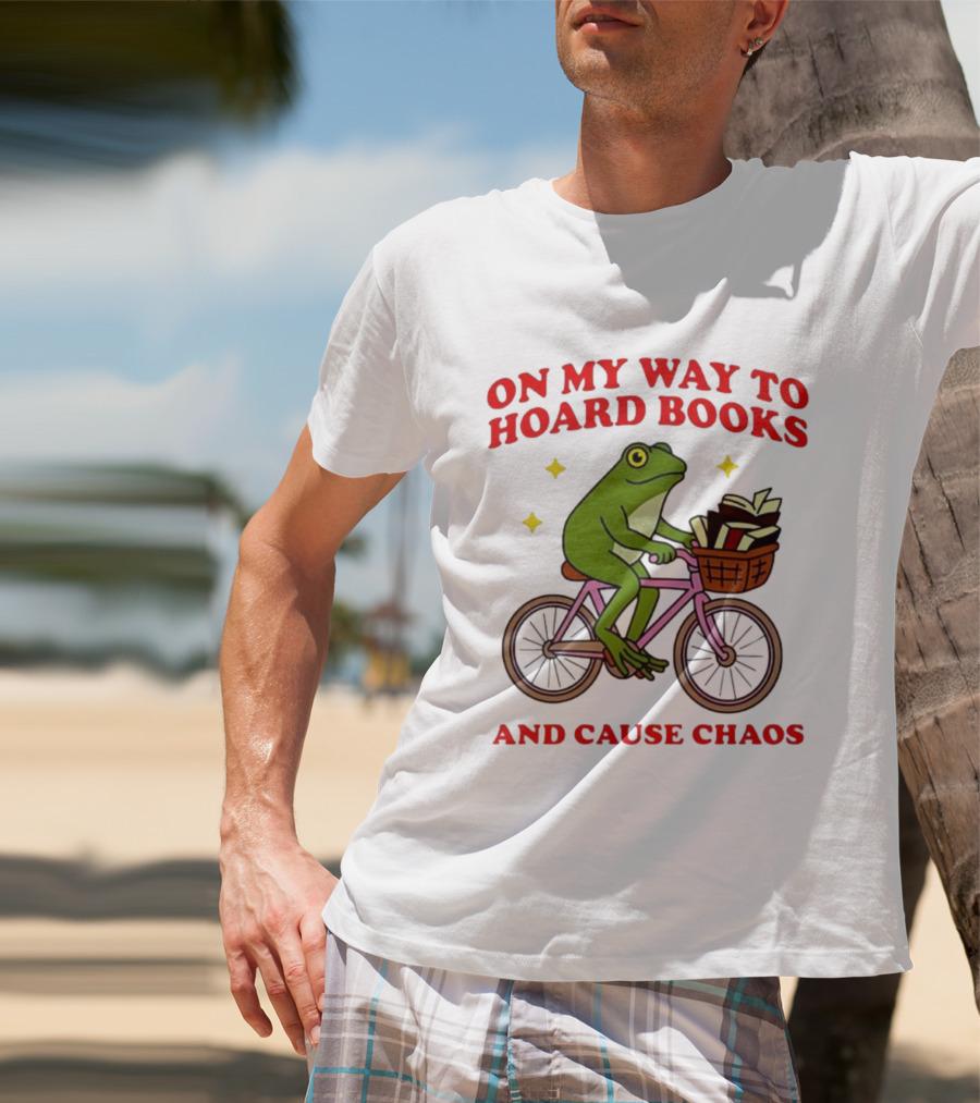 Frog On Bicycle Journey To Hoard Books And Cause Chaos T-Shirt