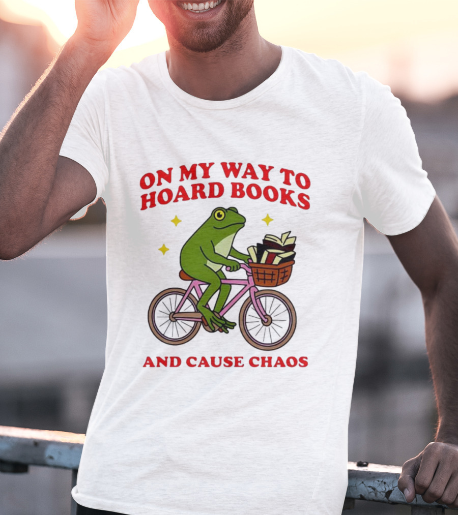 Frog On Bicycle Journey To Hoard Books And Cause Chaos T-Shirt