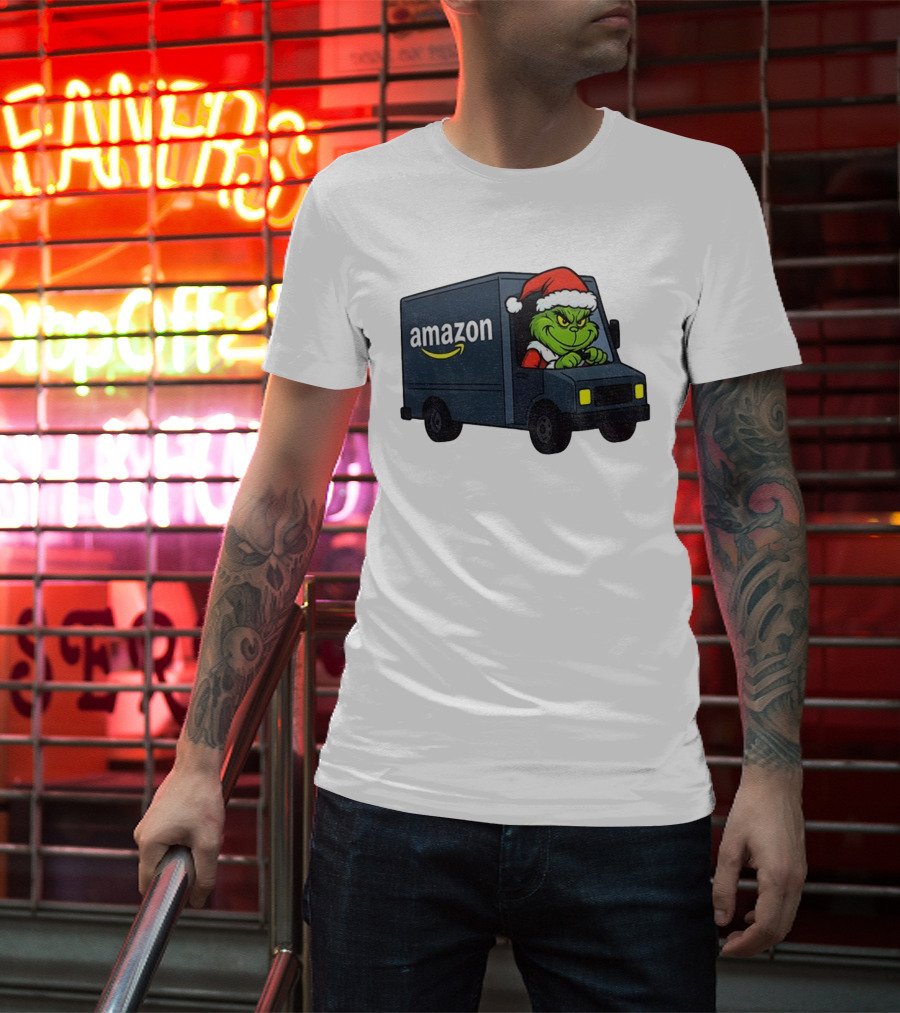 Grinch Santa Claus Driving Amazon Truck Merry Christmas Humor T-Shirt