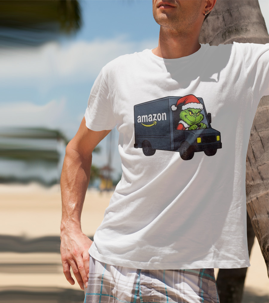 Grinch Santa Claus Driving Amazon Truck Merry Christmas Humor T-Shirt