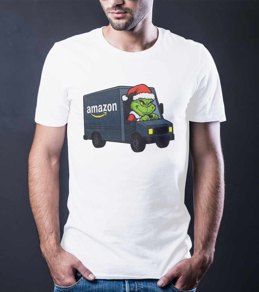 Grinch Santa Claus Driving Amazon Truck Merry Christmas Humor T-Shirt