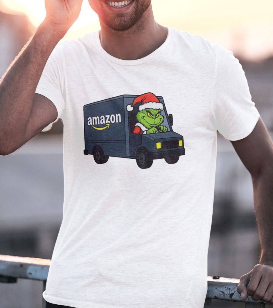 Grinch Santa Claus Driving Amazon Truck Merry Christmas Humor T-Shirt
