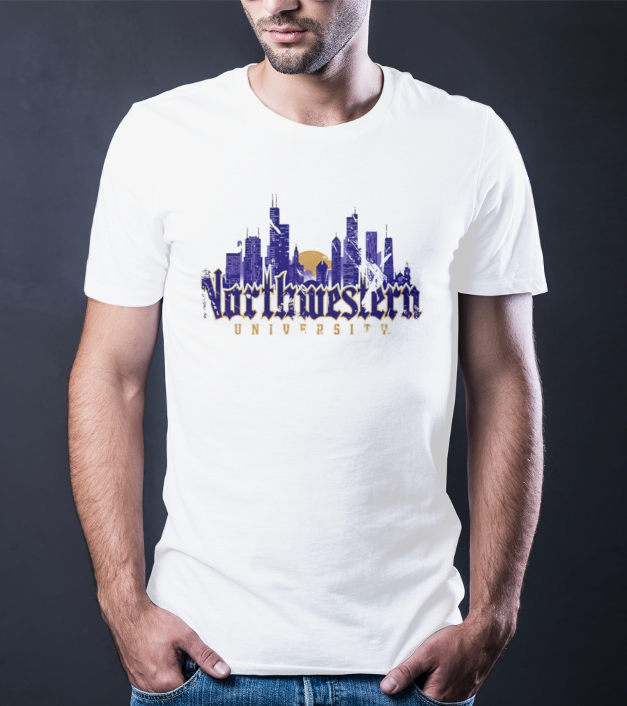 Northwestern University Chicago Skyline Gothic Style T-Shirt