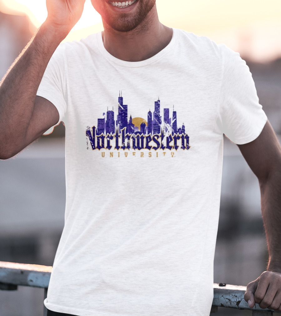 Northwestern University Chicago Skyline Gothic Style T-Shirt