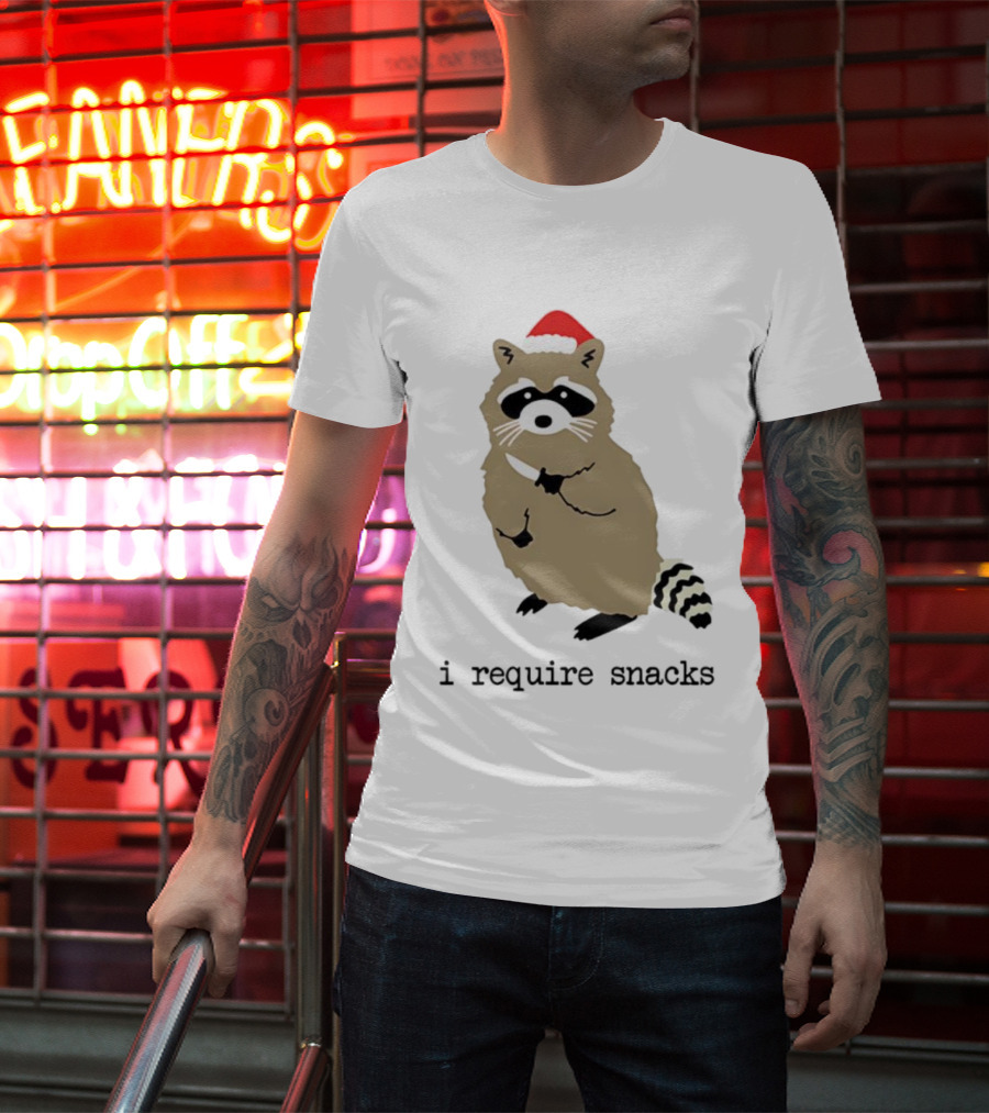 Raccoon Santa Hat I Require Snacks Festive Holiday Humor T-Shirt