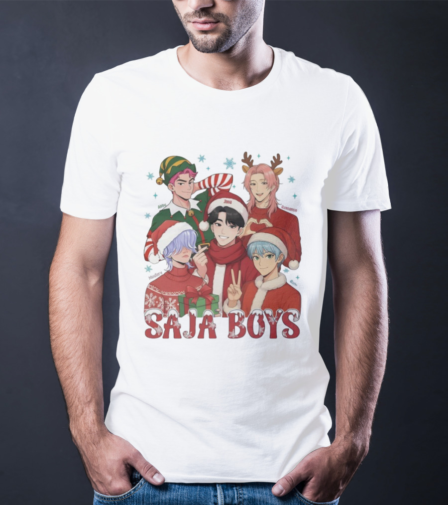 Saja Boys Kpop Christmas 2025 Festive Characters In Santa Hats And Elf Outfits T-Shirt
