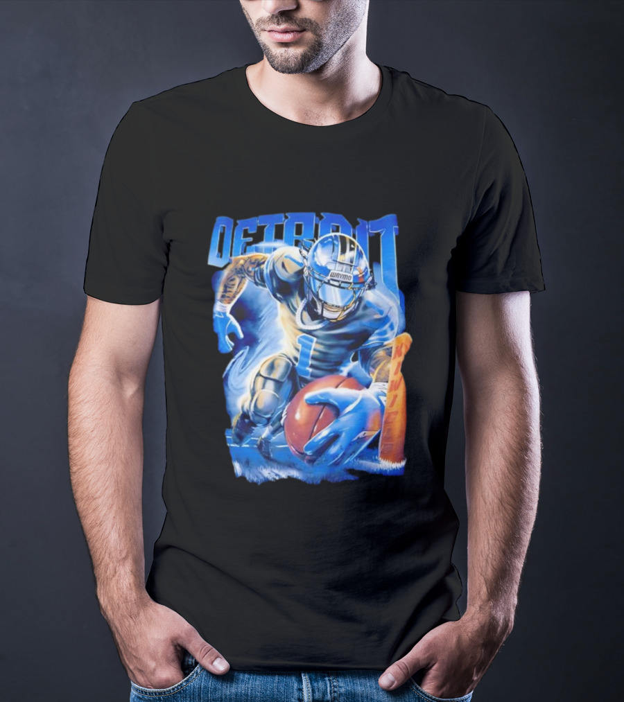 Detroit Football Player Blue Burst Action Art T-Shirt