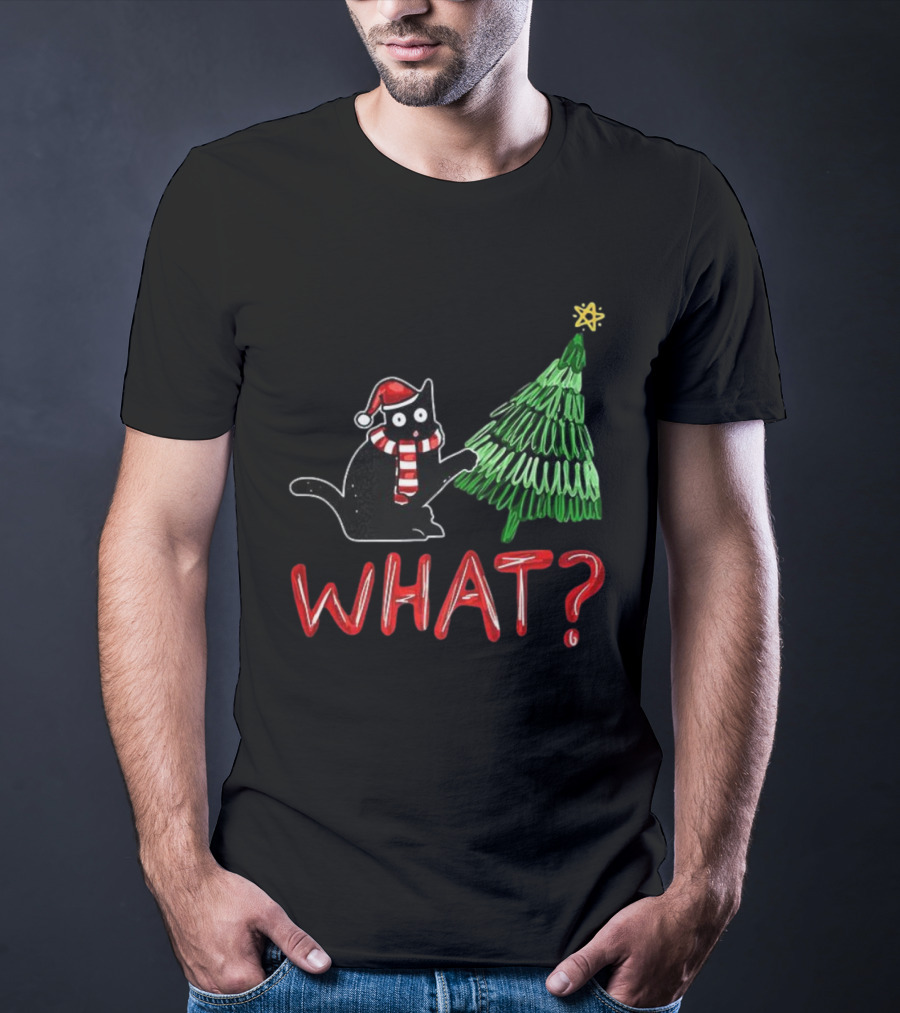 Black Cat What Christmas Tree Santa Hat Scarf T-Shirt