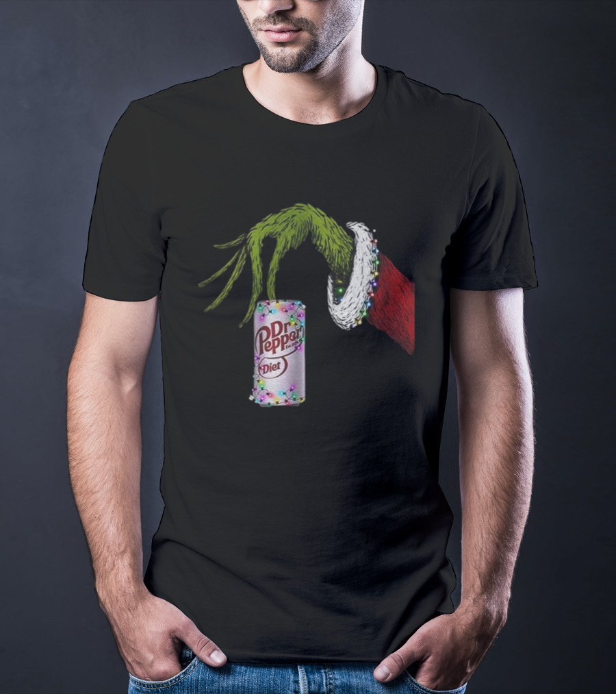 Grinch Hand Holding Dr Pepper Diet Can Christmas Lights Merry Christmas T-Shirt