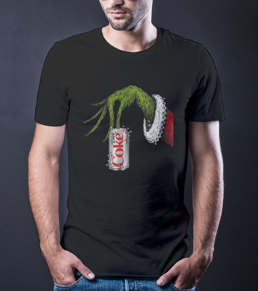 Grinch Hand Holding Diet Coke Can Wrapped In Christmas Lights Merry Christmas T-Shirt