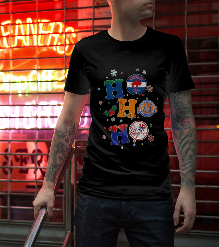 Buffalo Bills New York Knicks Yankees Christmas Ho Ho Ho Snowflakes T-Shirt