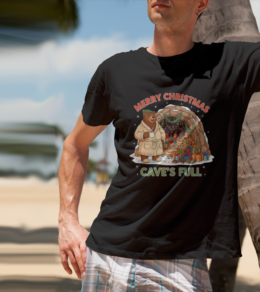 Merry Christmas Bear In Cozy Cave Filled With Gifts T-Shirt