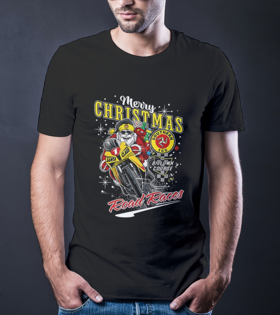 Merry Christmas Santa Claus Motorcycle Road Races Holiday T-Shirt