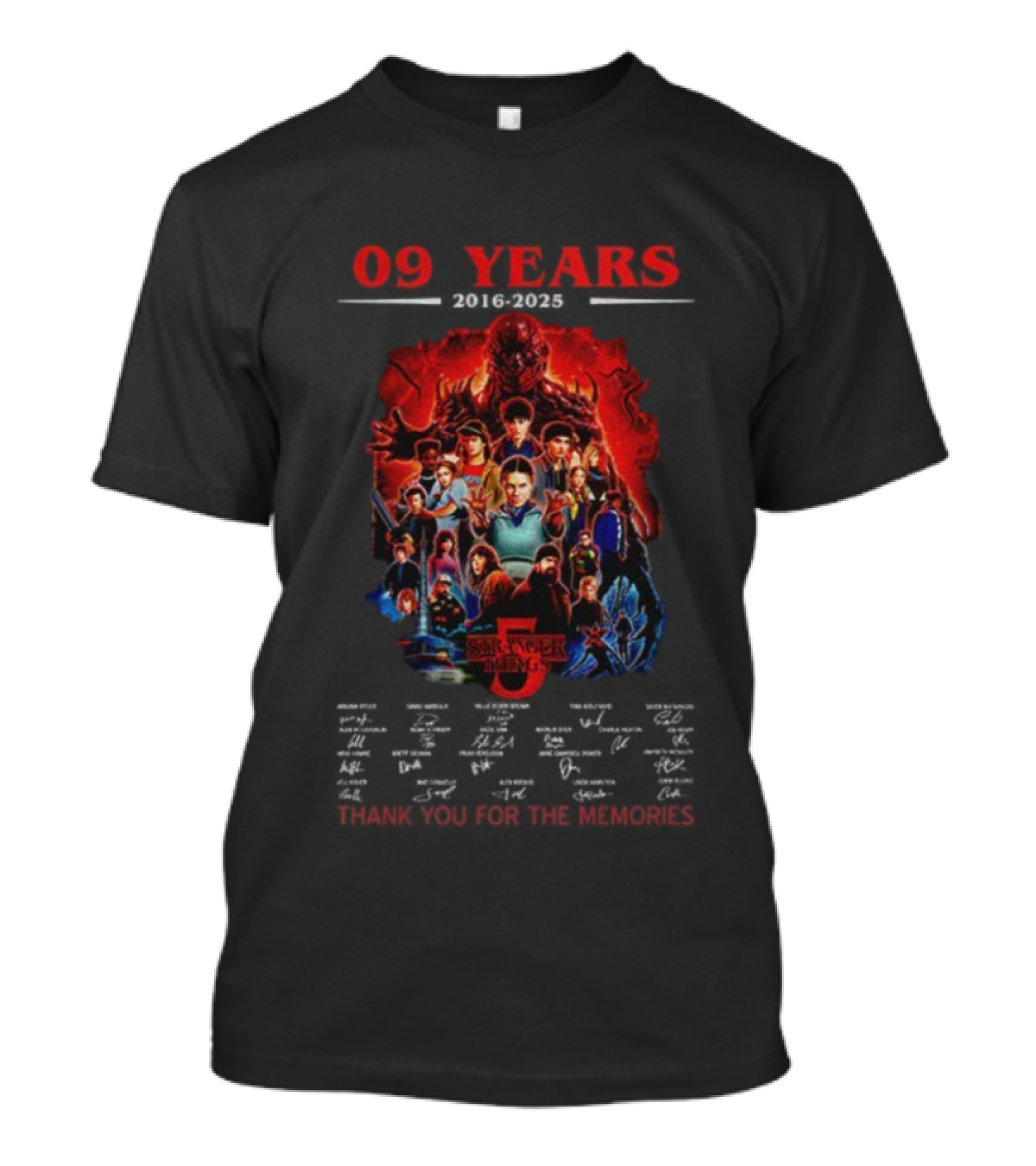 Stranger Things 09 Years 2016-2025 Characters Collage Thank You For The Memories Signatures T-Shirt